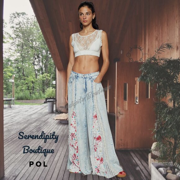 POL Boho Girly Style Lace Floral Flowy Wide Leg Baggy Acid Denim Extreme Flare - Picture 1 of 9
